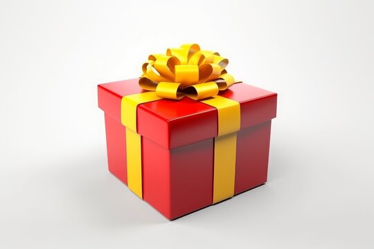 red gift box with a yellow ribbon on white background Generative AI