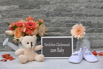 Grußkarte Glückwunsch zum Baby: Geschenke und Dekorationen zur Geburt des Babys.