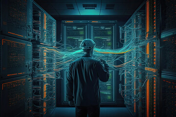 Engineer manager connecting data center on global networking in server room of storage systems and connect of data on internet network business.  Examining components, telecommunications, storage, etc