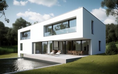 Modern house in the morning. Generative AI technology.