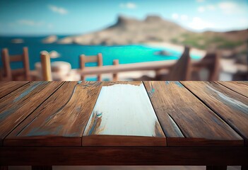 Brown wooden table, beautiful wood texture, and pattern with blurred tropical natural landscape, mountain. Generative Ai.