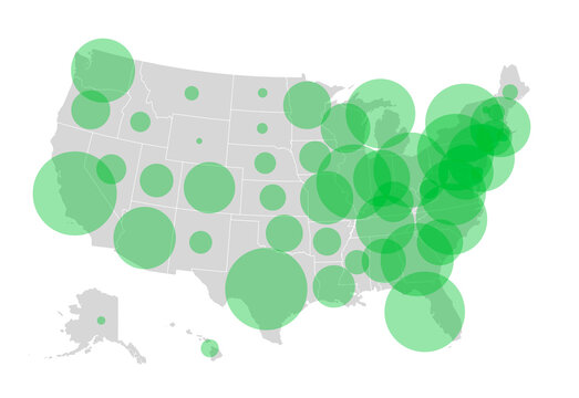 Map of the United States of America (USA, America) with green transparent circles representing the population in each state. Graphic illustration of population in the US, conceptual map.