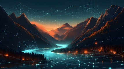 Encrypted Data Stream, Digital Landscape, Glowing River of Security, Generative Ai, Generative, Ki