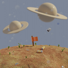 space robot and flag on the planet - 3d render illustration