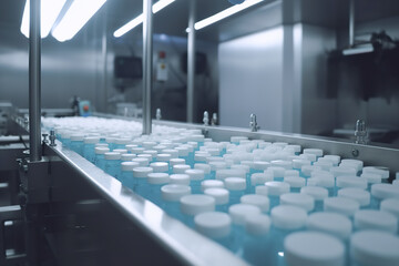 Production of medicines in large quantities in a factory, close-up. AI generated
