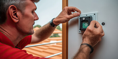 An electrician setting up a home automation sensor at the wall - Generative AI