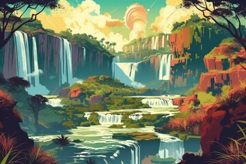 serene waterfall surrounded by lush green trees in a forest. Generative AI