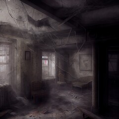 Fototapeta na wymiar A very gloomy apartment with cobwebs on the walls, created with generative ai