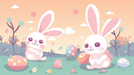 2 kawaii cute rabbits are sitting down next to their easter eggs