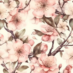 seamless pattern of cherry blossoms. watercolor design. Generative AI