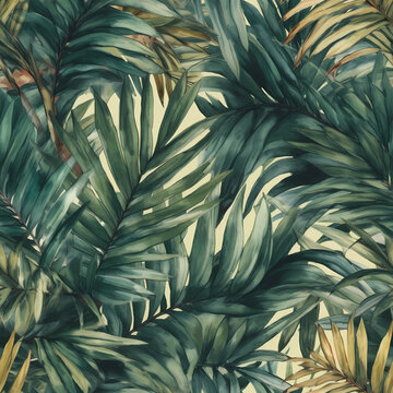 seamless pattern of palm leaves. watercolor design. Generative AI