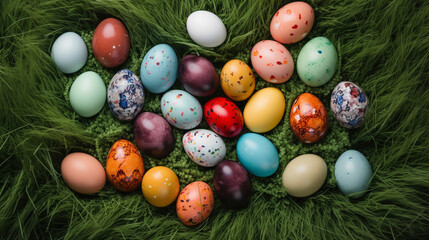 Fototapeta na wymiar Large number of beautifully coloured easter eggs scattered on green grass