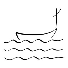 boat with a cross floats on the waves, christian symbol, black outline on a white background
