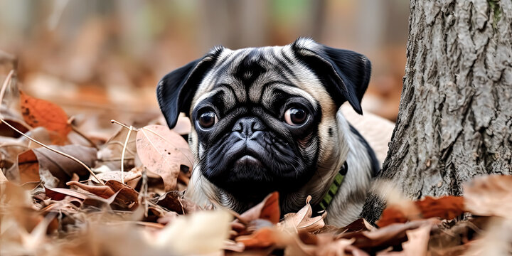 Curious Pug peers out from an ornate frame, its eyes wide and alert. Its furry coat glistens in the light as it calmly surveys its surroundings - generative ai.