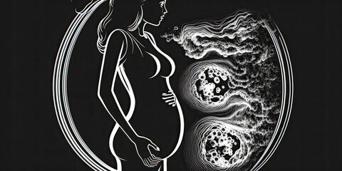 A black and white ultrasound image of a fetus in the womb, with the head and body visible - Generative AI - obrazy, fototapety, plakaty