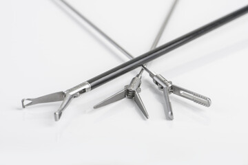 Closeup of Reusable Laparoscopic Surgical Tool on White Background. Product photography of surgical tools. 