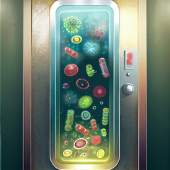 Bacteria and viruses on the elevator call button, created with generative ai