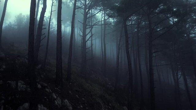mystical pine forest on the mountainside in a misty haze is very beautiful and atmospheric