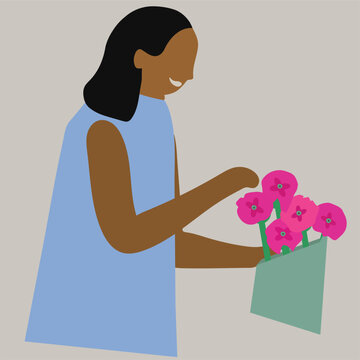 Woman Buying Self Flowers Simple Flat Vector Illustration