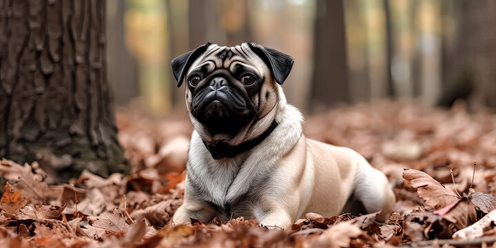 A Fuzzy pug stares into the camera, its tongue lolling out in a silly grin - generative ai.