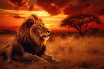 African lions and the setting sun King of animals, African savannah landscape theme. In the savanna, a proud, noble lion is dreaming while gazing up. Amazingly warm sunlight and a fiery red sky with c