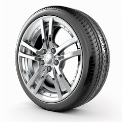 Obraz na płótnie Canvas Car wheel on shiny alloy disc with tire, isolated on white background. Generative AI.
