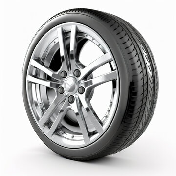Car wheel on shiny alloy disc with tire, isolated on white background. Generative AI.