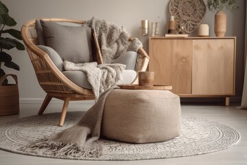 New furnishings, home decor. Wicker basket with cushions on carpeting next to grey couch. Modern lounge in cozy flat. Scandinavian style armchair. Generative AI