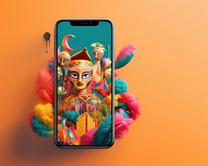 Smartphone with photo of carnival scene on a vibrant background and copy space