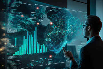 Business finance data analytics chart. Financial management technology. Advisors use digital Dashboards on virtual screens. Generative AI