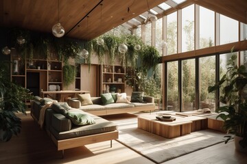 Biophilic interior design with a lot of indoor plants. 
