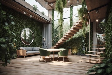 Biophilic interior design with a lot of indoor plants. Generative AI