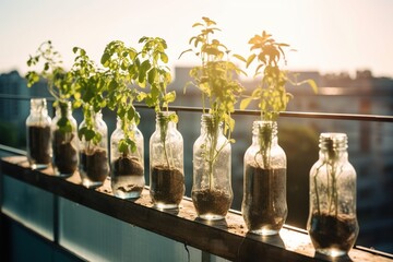 Small plants growing from recycles glass and plastic bottles, dark background. DIY sustainable home gardening. Generative AI