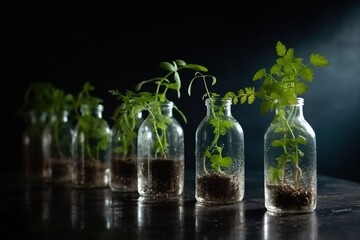 Small plants growing from recycles glass and plastic bottles, dark background. DIY sustainable home gardening. Generative AI