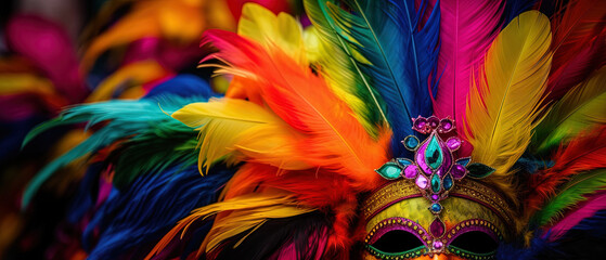 Close-up with the Venetian mask on a table in vibrant colors