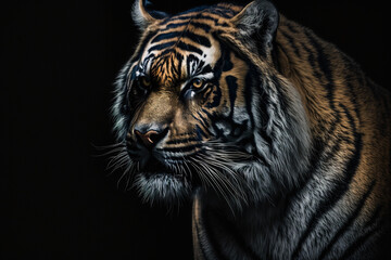 Fototapeta premium Portrait of a tiger on a black background with copy space.