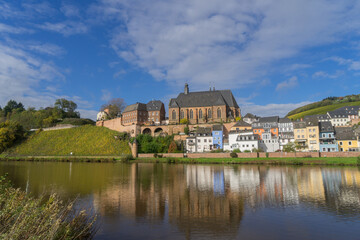 Fototapeta na wymiar View to the german city called Saarburg with church St. Laurentius