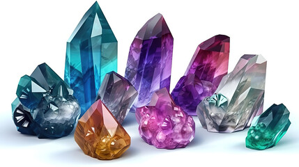 Fototapeta premium 3d render, set of colorful crystals, Collection of geological minerals. Generative Ai