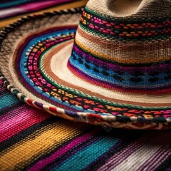 Fototapeta premium Sombrero, straw hat on colorful striped Mexican blanket, close up. Cinco de Mayo. Generative AI