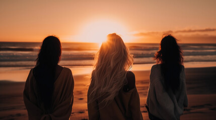 Beautiful summer moment with three girls watching the sunset at sea. Generative AI illustration