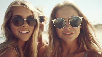Young happy girls with sunglasses at the beach, Generative AI illustration