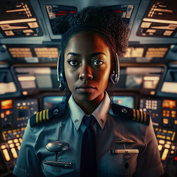 Black Woman Female Commercial Airplane Passenger Jet Pilot Fictional Generative AI