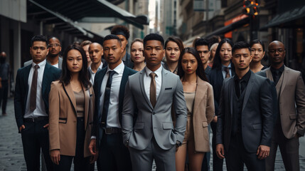 Fototapeta premium Large group of various races of business people on the Street . Generative AI illustration
