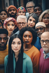 Large group of young and old  mixt races people in warm color clothing outdoors looking at camera. Generative AI illustration