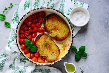 Bruschetta with buratta and baked cherry tomatoes.selective focus