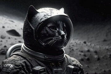 Cat in space. A cat in a space suit on the moon. Concept of fantastic intelligent animals, apocalypse, alternative development of evolution.