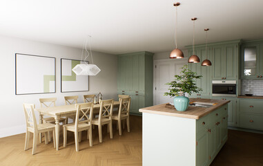 Green kitchen interior with island. Stylish kitchen with wooden worktop.