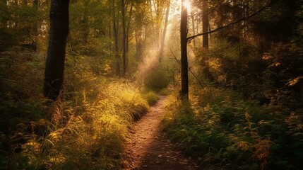 A peaceful forest trail winding through tall trees with a soft, golden light filtering through the leaves Generative AI
