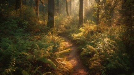 Obraz premium A peaceful forest trail winding through tall trees with a soft, golden light filtering through the leaves Generative AI