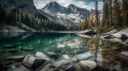 Fototapeta na wymiar A tranquil, crystal clear mountain lake surrounded by snow-capped peaks and towering pine trees Generative AI